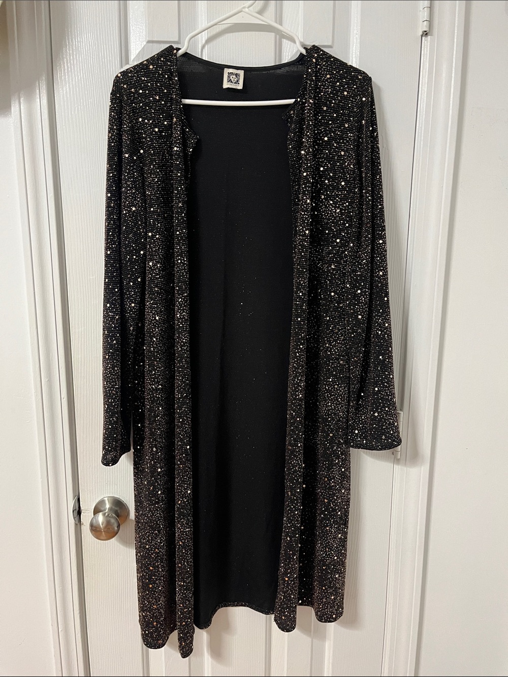 Anne Klein Black Glitter Open-Front Duster Jacket